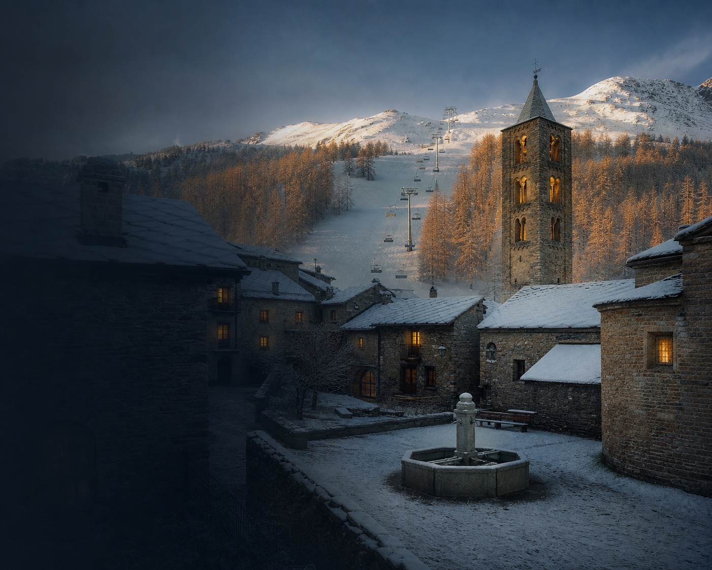 Sauze d'Oulx's stone church, old fountain and larch-lined pistes