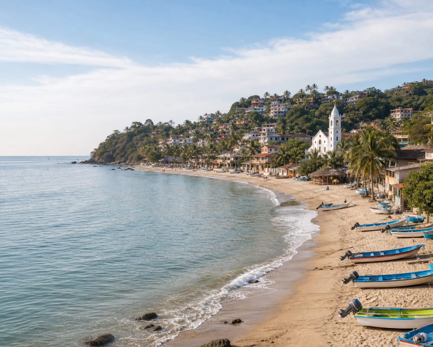 Sayulita's palm-lined surfing bay, fishing boats and hillside village