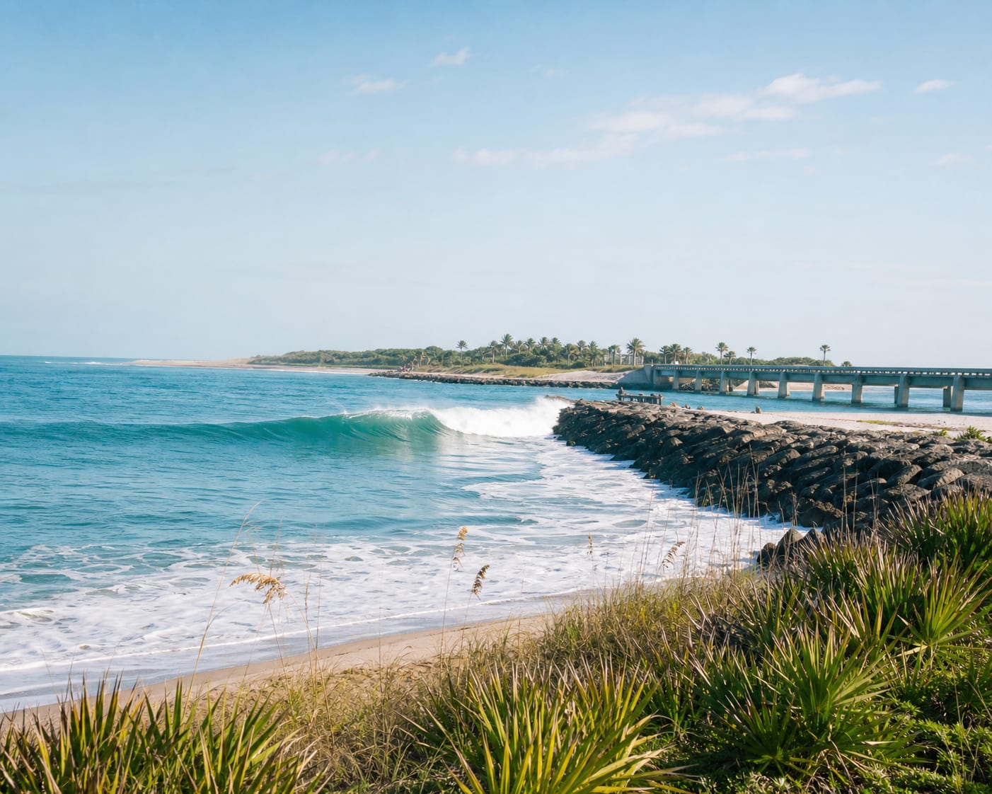 Sebastian Inlet's First Peak surf wedging beside the north jetty