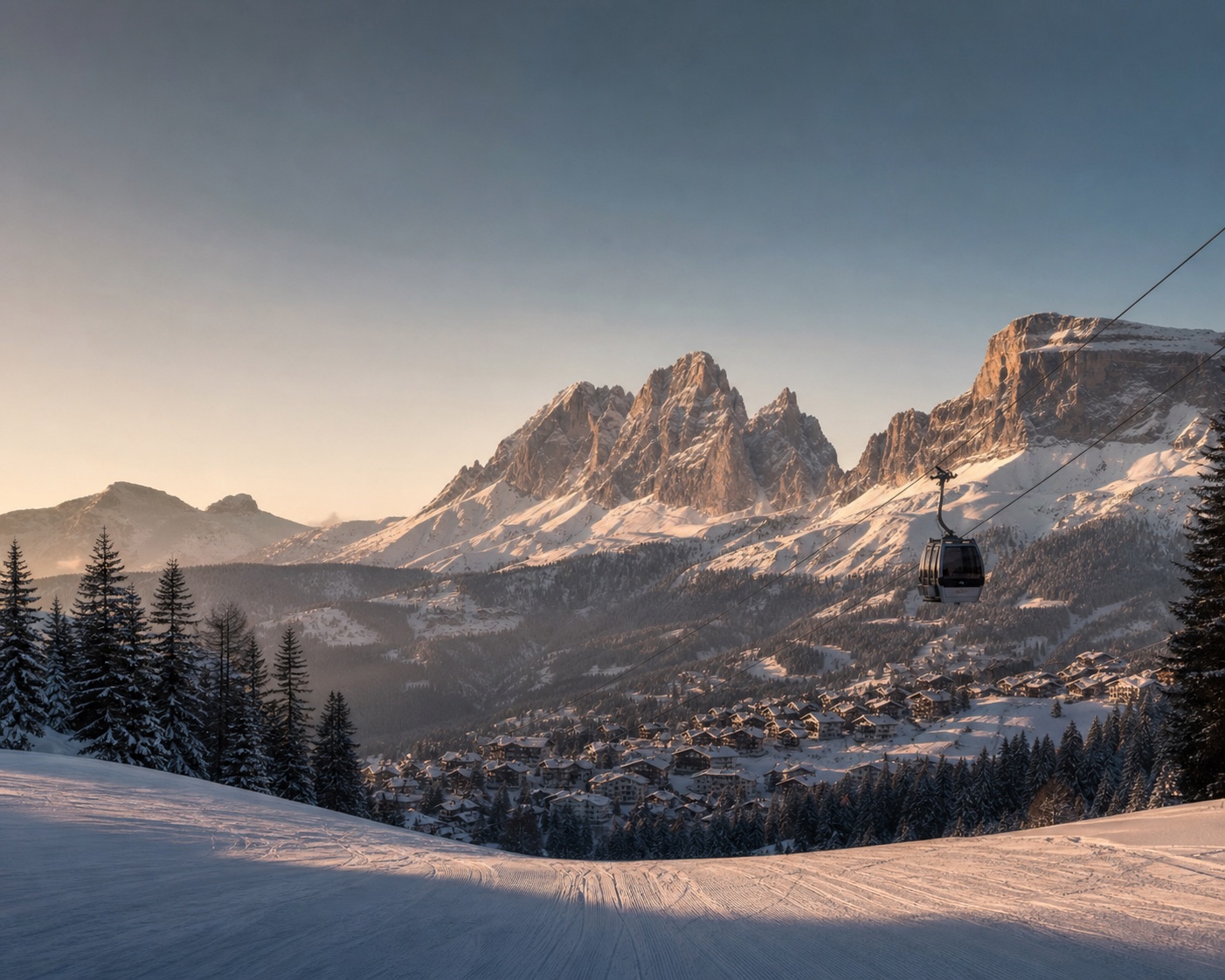The Sassolungo and Sella massifs above Selva Val Gardena and its gondola