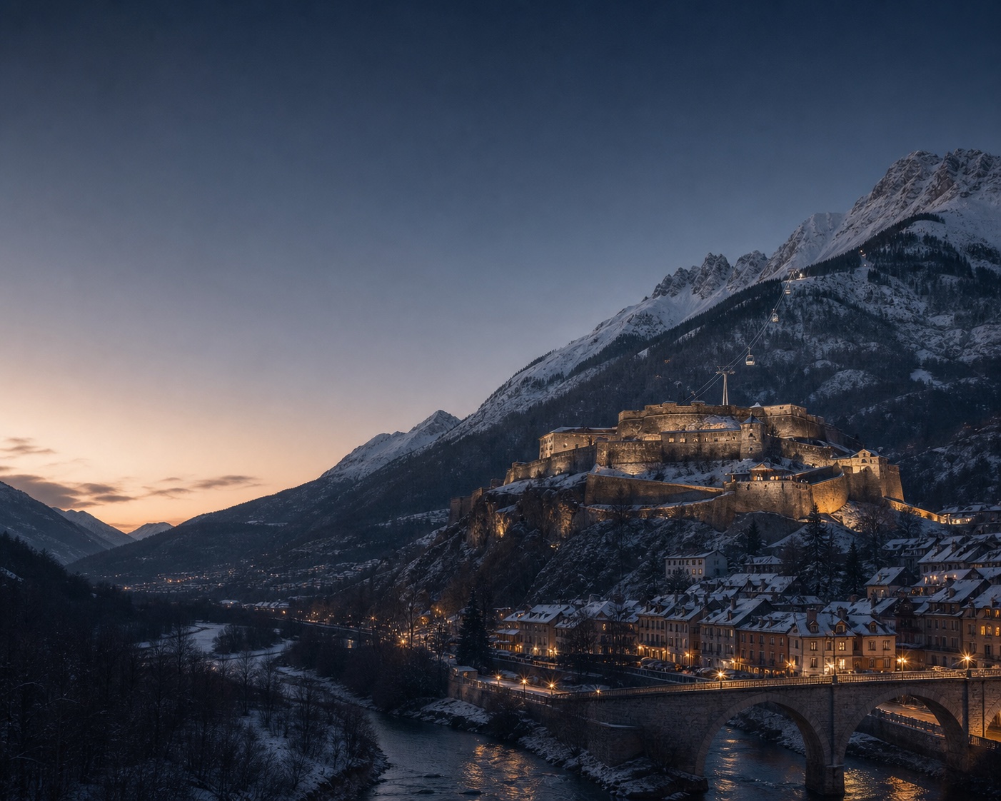 Briançon's fortified citadel above the snowy Serre Chevalier valley