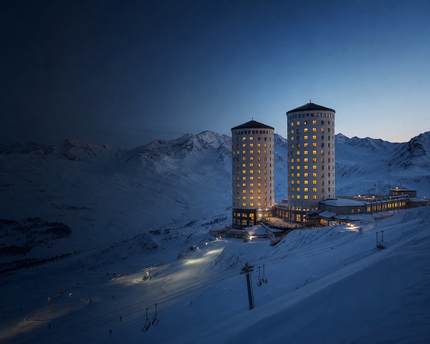 Sestriere's twin cylindrical hotel towers above its Olympic pistes