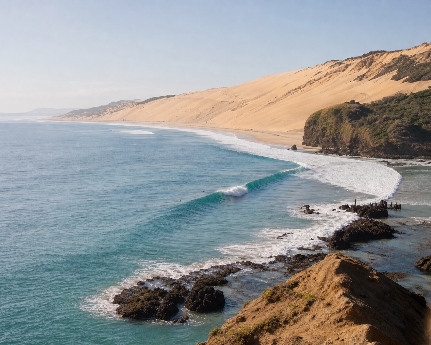 Shipwreck Bay's long left peeling beneath the dunes of Tauroa Peninsula