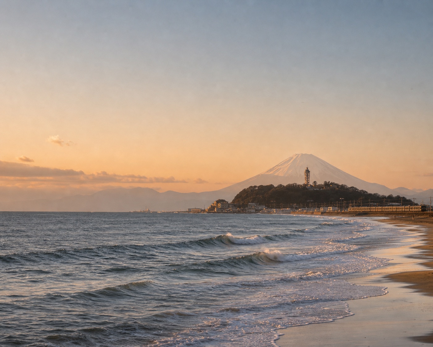ShΕnan surf beneath Enoshima's Sea Candle and snow-capped Mount Fuji