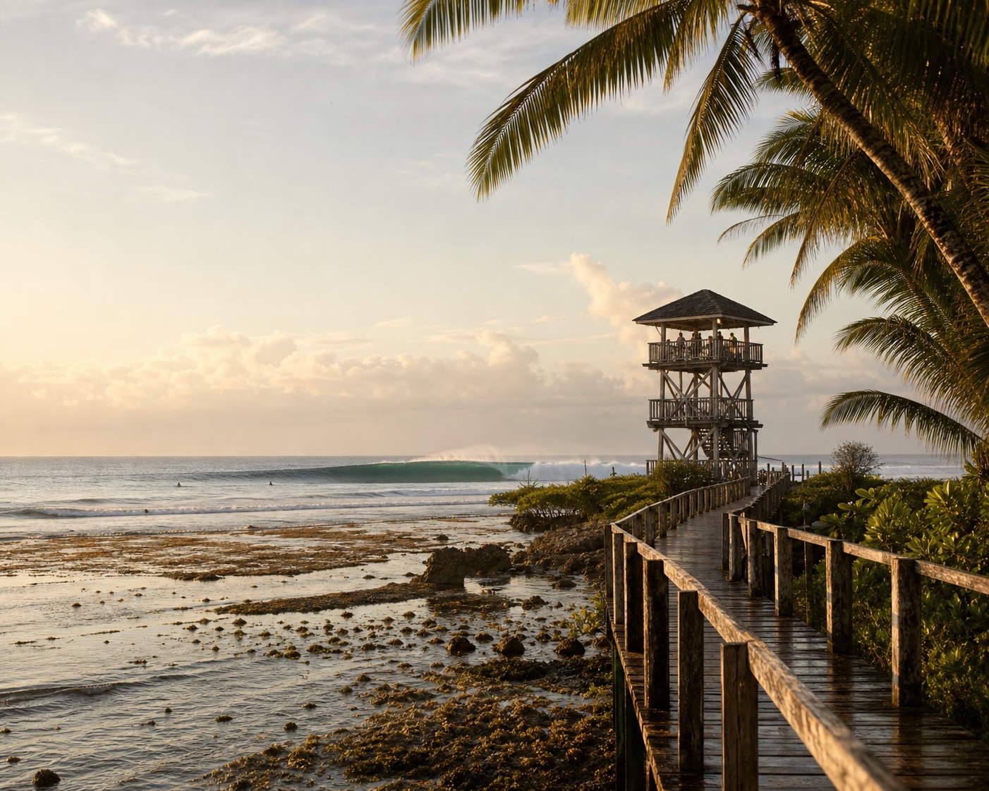 The timber boardwalk and viewing tower beside Siargao's Cloud 9 reef break