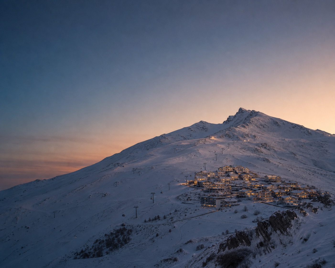 Pradollano and its ski lifts beneath the notched summit of Pico Veleta