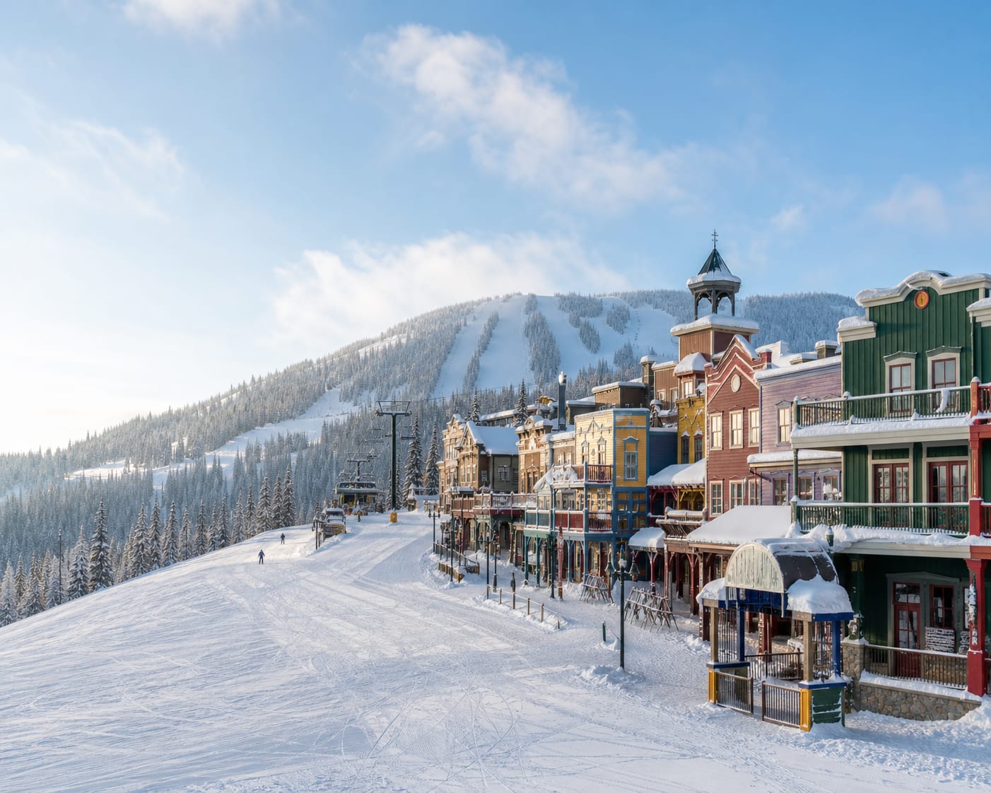 SilverStar's colourful mid-mountain village beside its snowy ski-through street