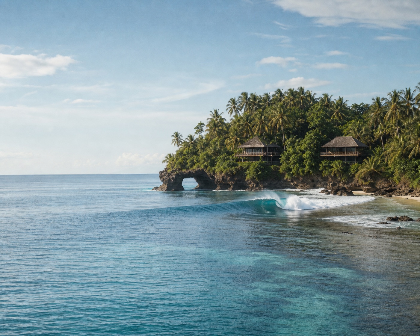 Dylan's Right breaking beside Simeulue's palm-covered cove