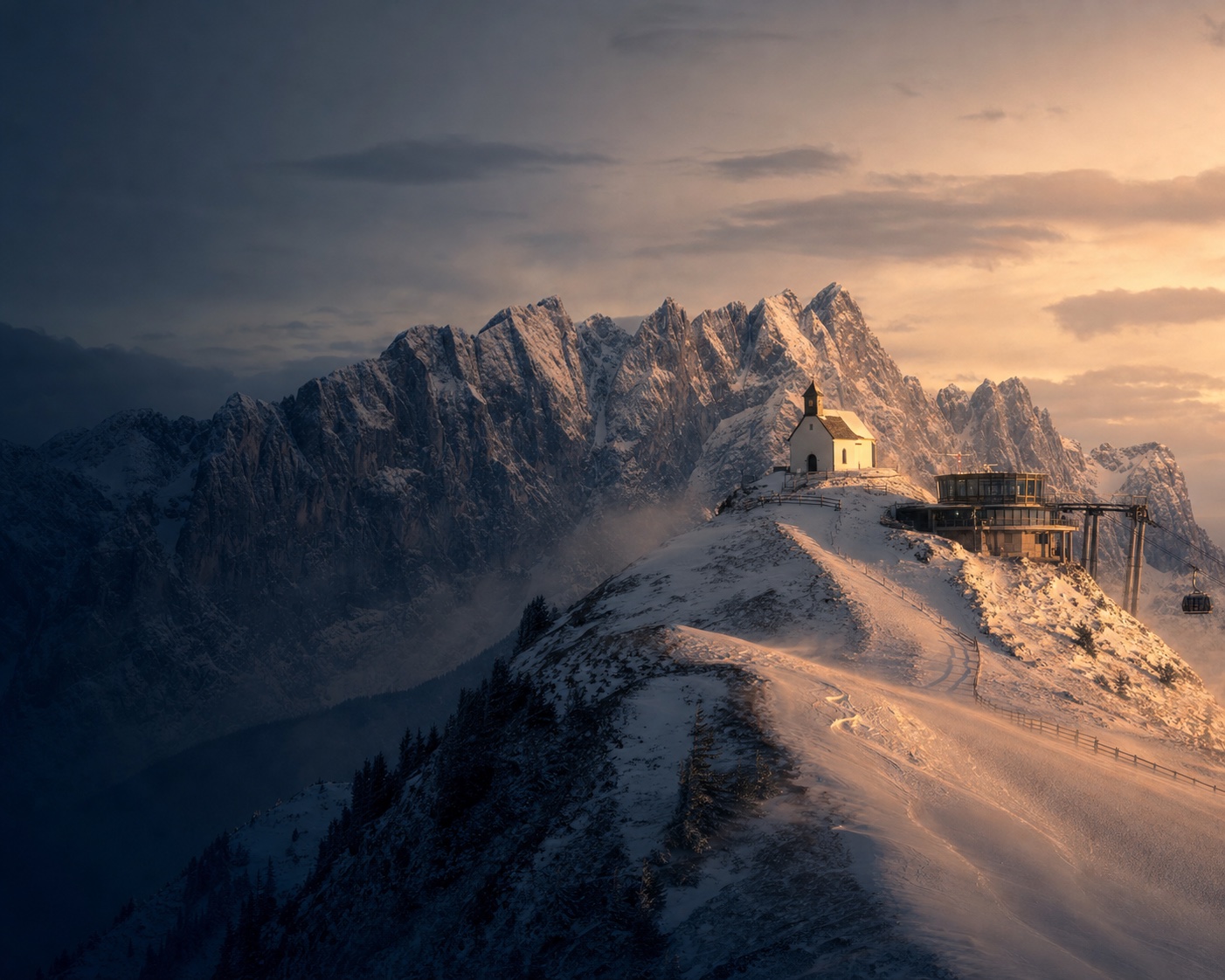 Hohe Salve's summit chapel and gondola beneath the jagged Wilder Kaiser