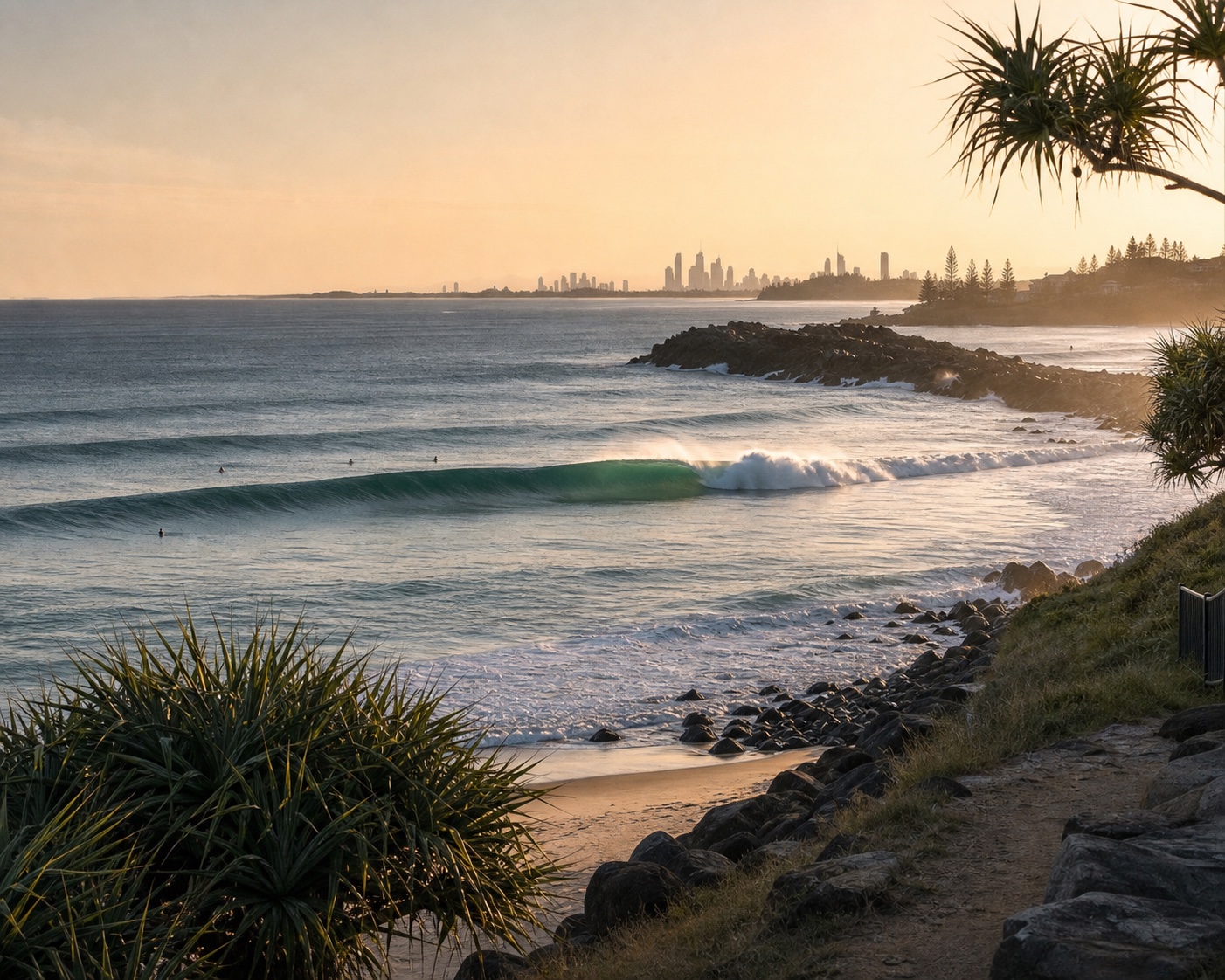 A long right-breaking wave at Snapper Rocks with the Gold Coast skyline beyond