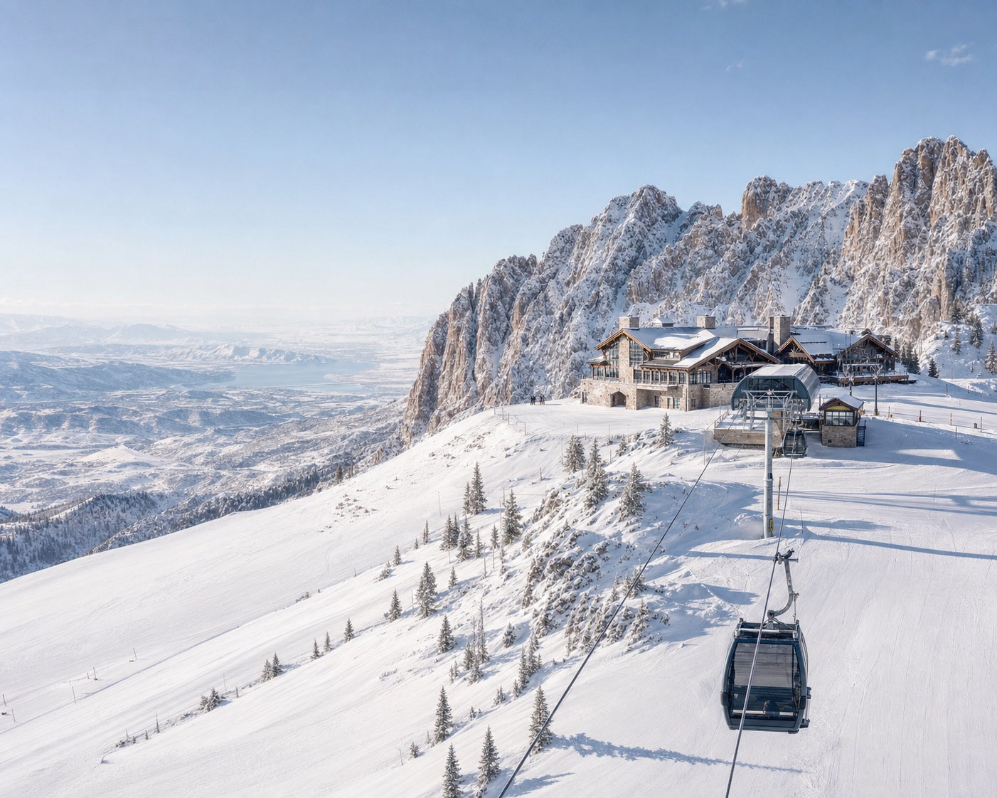 Snowbasin gondola climbing towards Needles Lodge beneath its rugged cirque