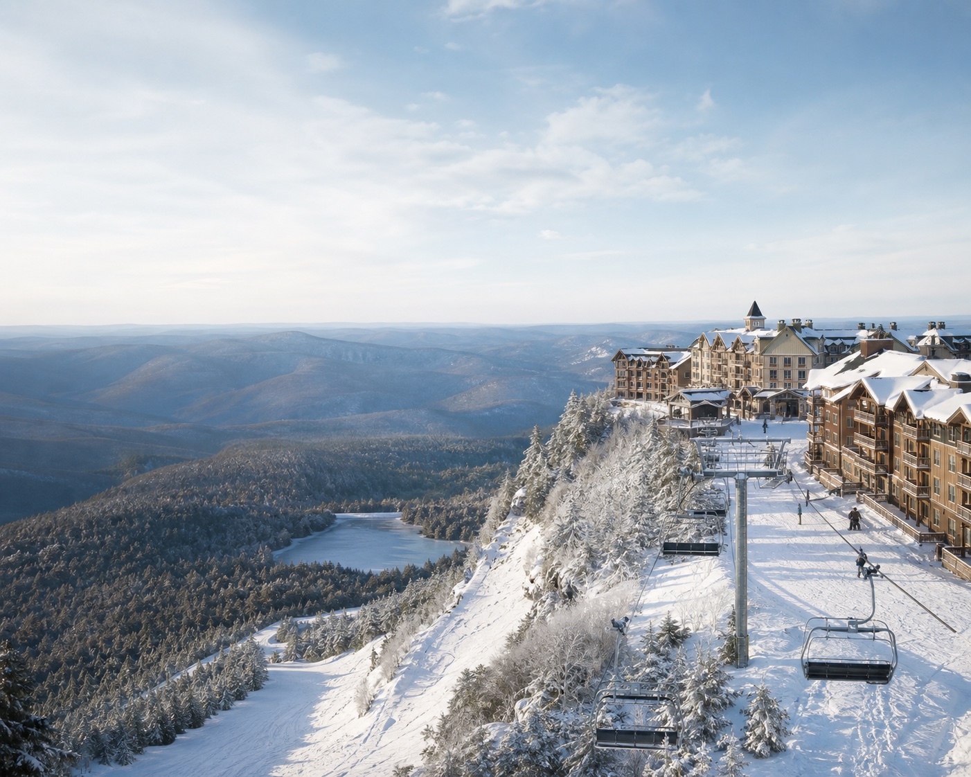 Snowshoe's summit village and descending chairlift above Shavers Lake