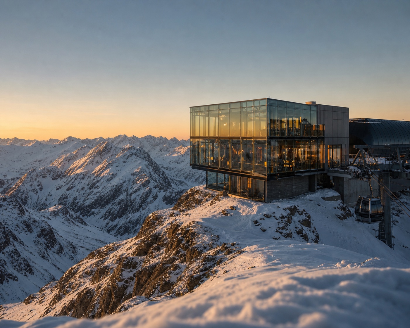 The glass ice Q restaurant on the snowy Gaislachkogl summit above Sölden