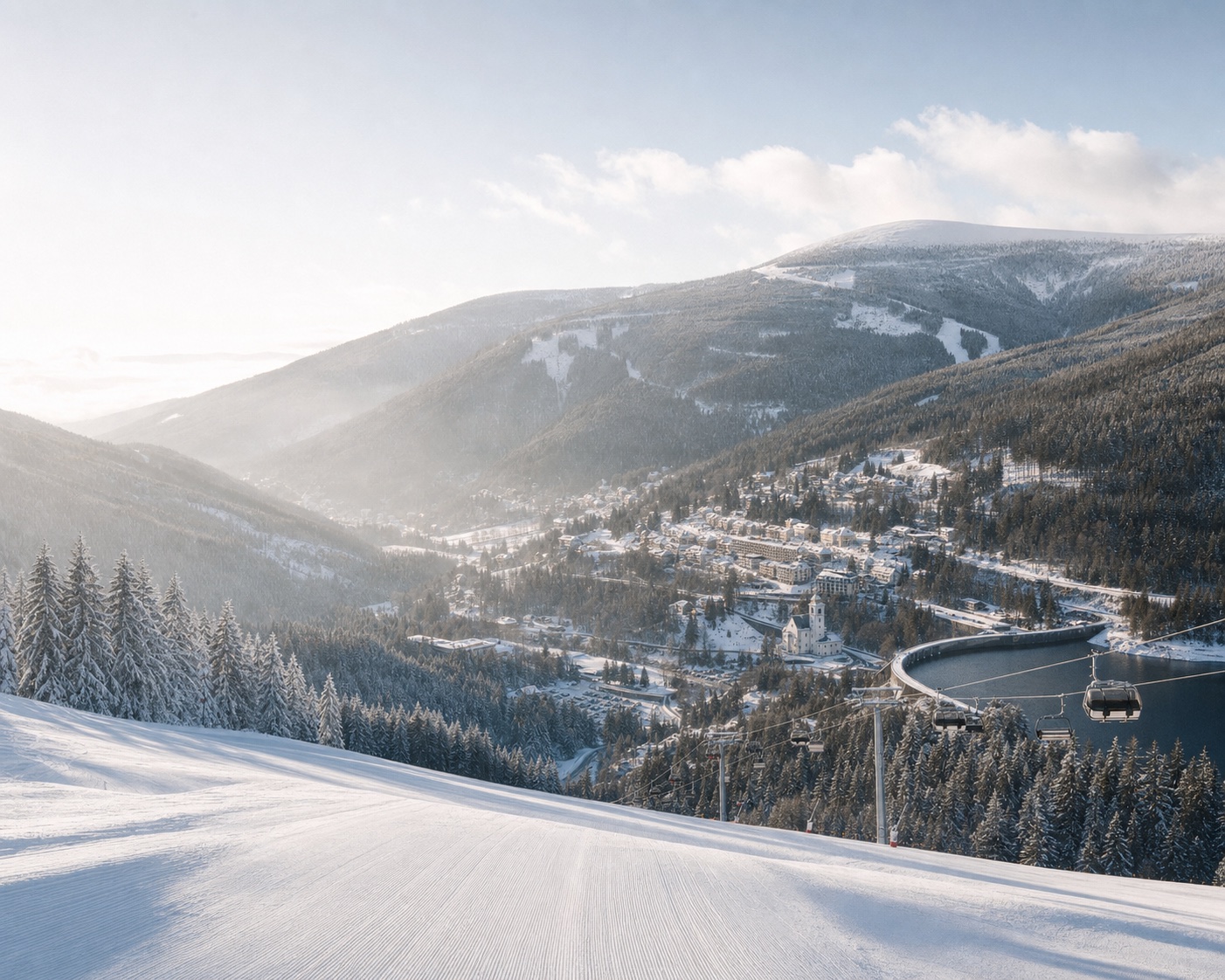 Špindlerův Mlýn pistes and town beneath the Krkonoše ridges