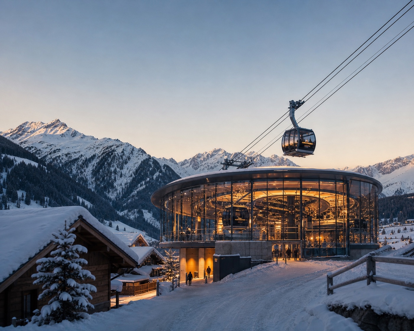 The illuminated glass Galzigbahn station beneath the mountains of St. Anton