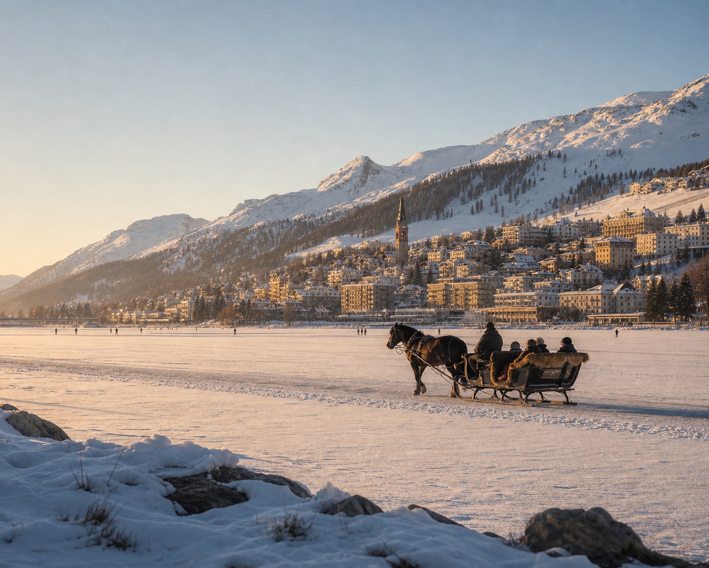A horse-drawn sleigh crossing frozen Lake St. Moritz below the town