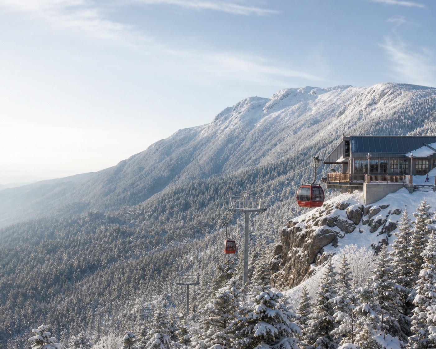 Stowe's red gondola beneath the long snowy ridge of Mount Mansfield