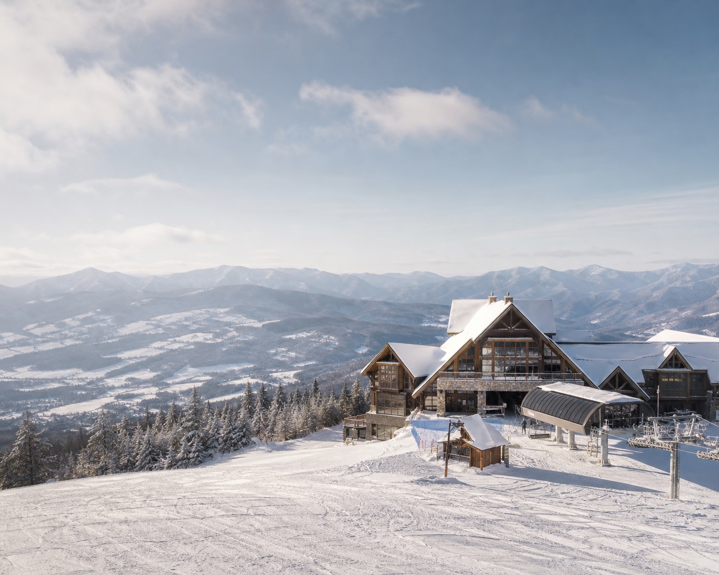 Sugarbush's Gate House buildings beneath Lincoln Peak and the Green Mountains