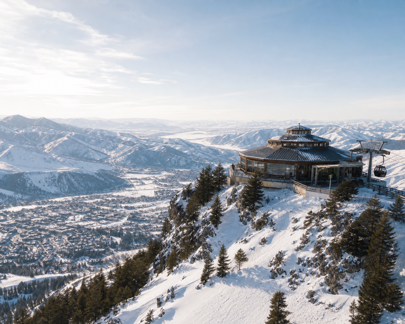 Sun Valley's historic Roundhouse and gondola high on Bald Mountain
