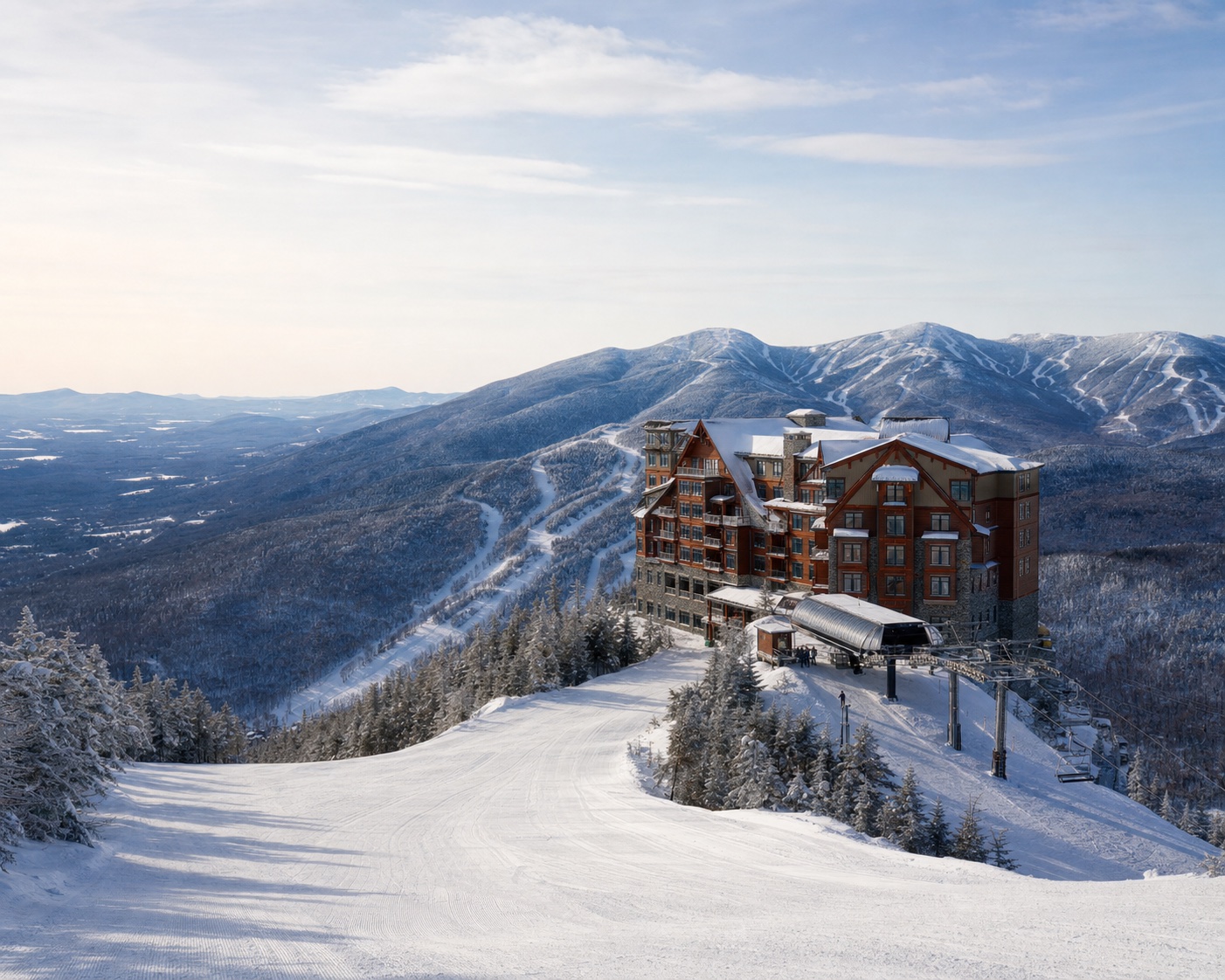 Sunday River's Jordan Hotel and lift beneath the western peaks