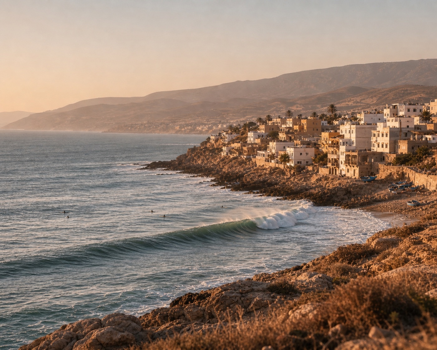 Taghazout's fishing village above a right-breaking wave on the Moroccan coast