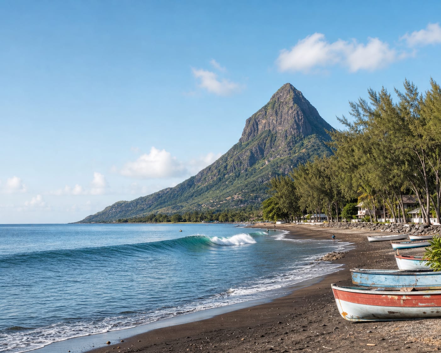 Tamarin Bay surf and fishing boats beneath Mauritius' Rempart Mountain
