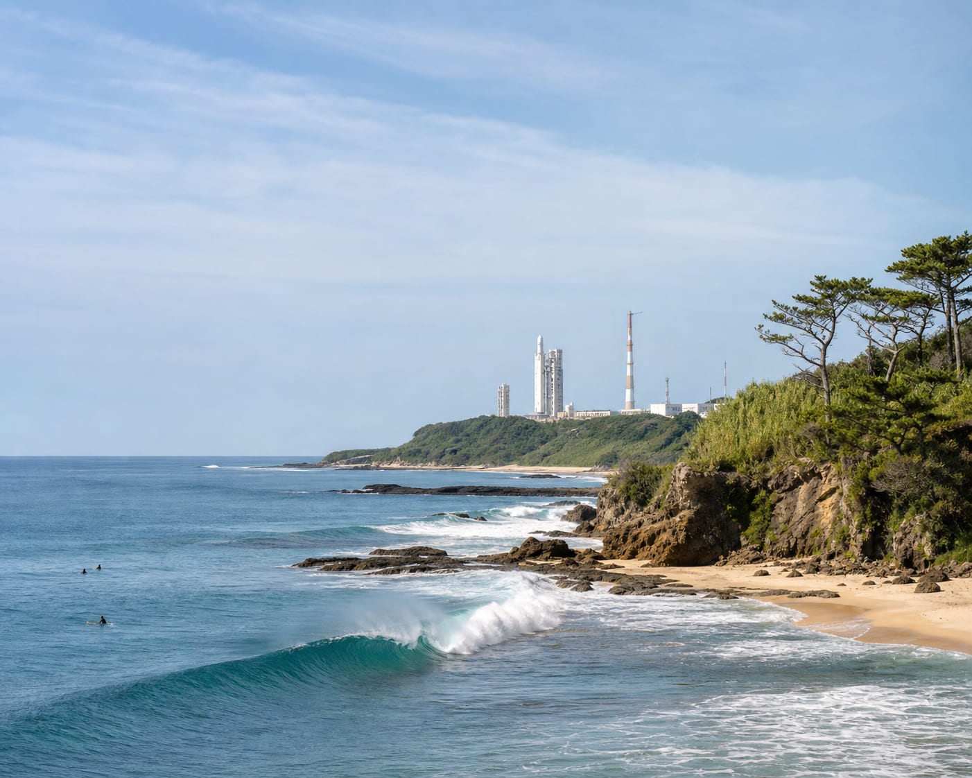 Tanegashima surf below a subtropical headland and Japan's space centre