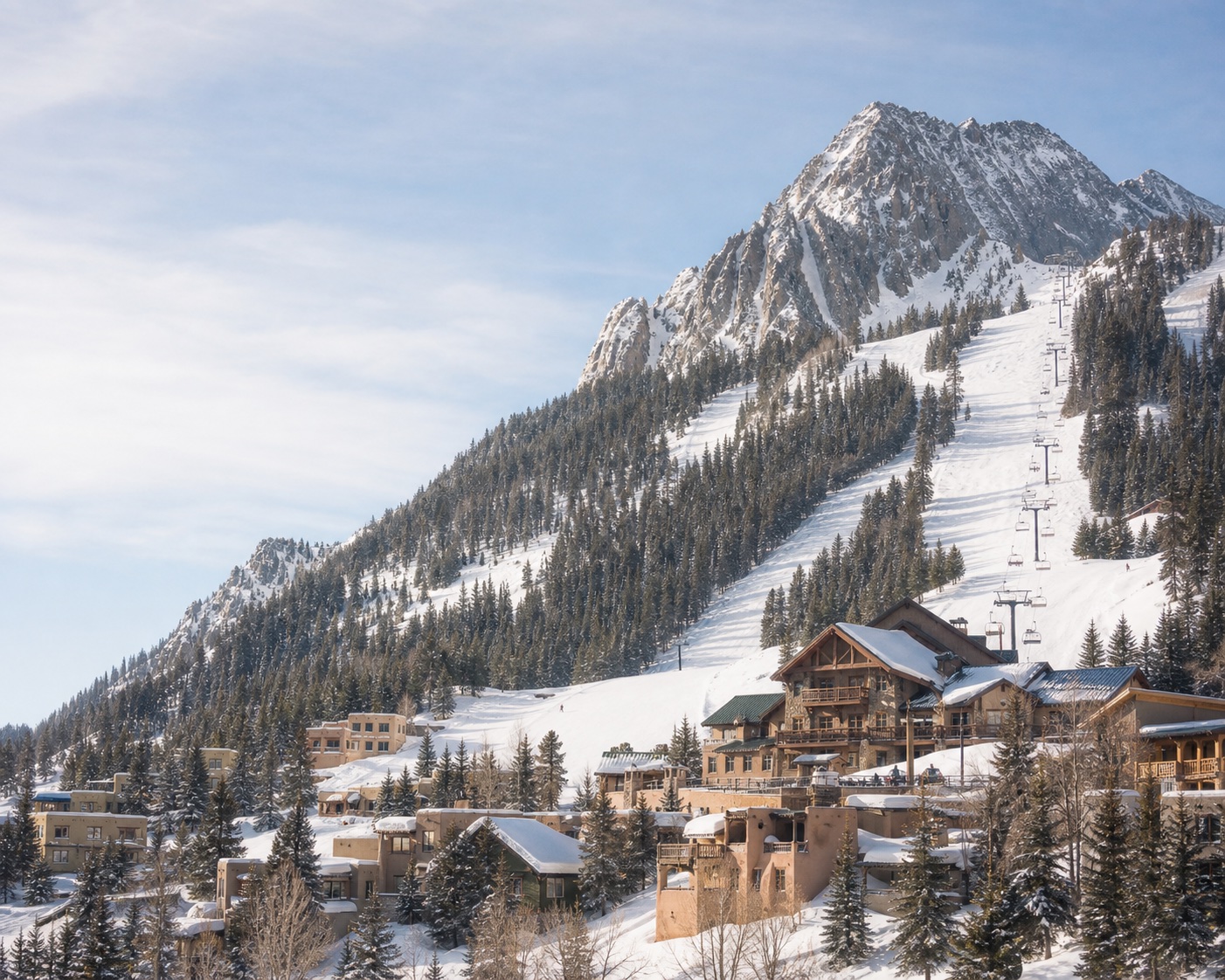 Taos Ski Valley's Kachina Peak rising above its high-alpine village