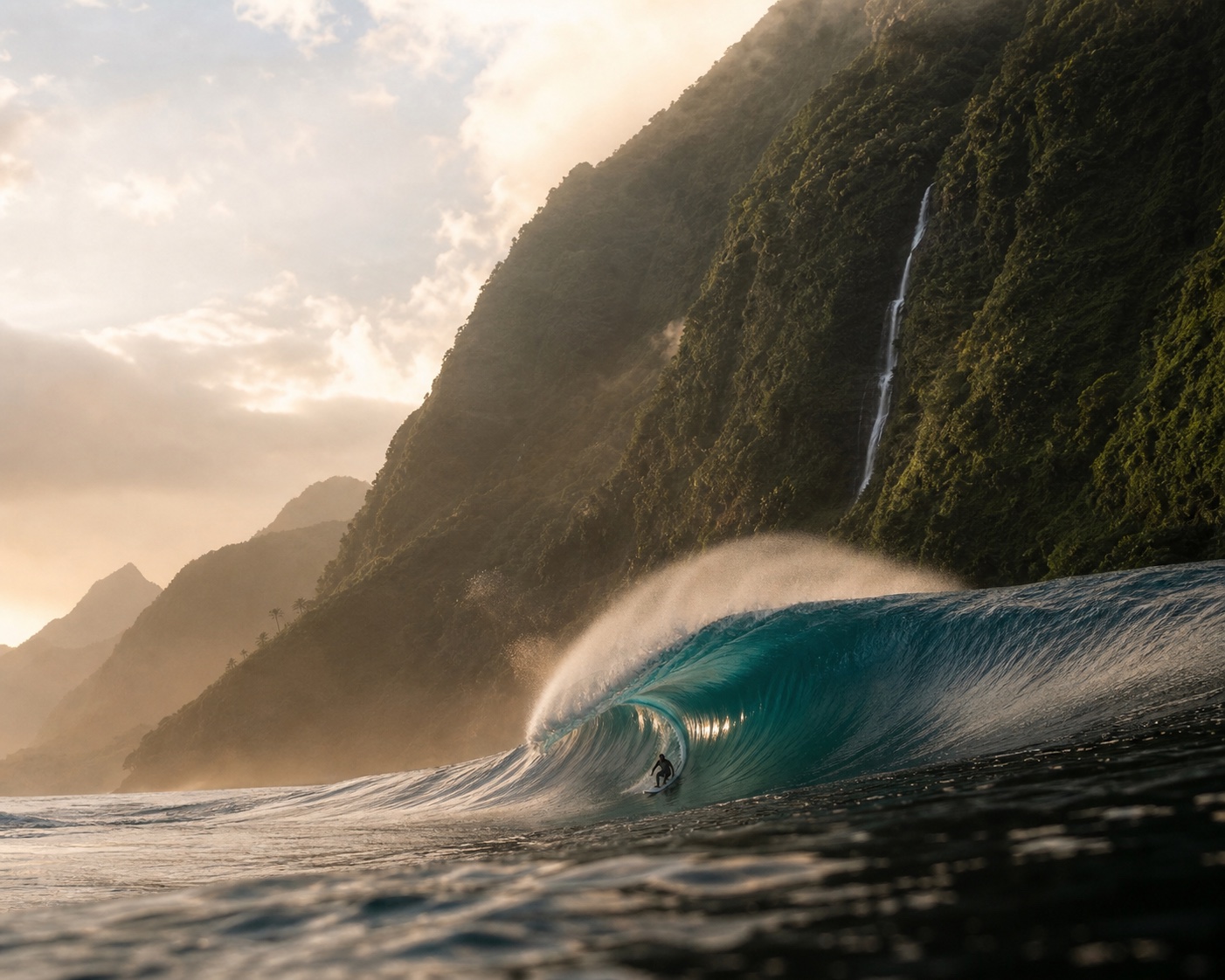 A surfer beneath Teahupo'o's reef wave and the green mountains of Tahiti