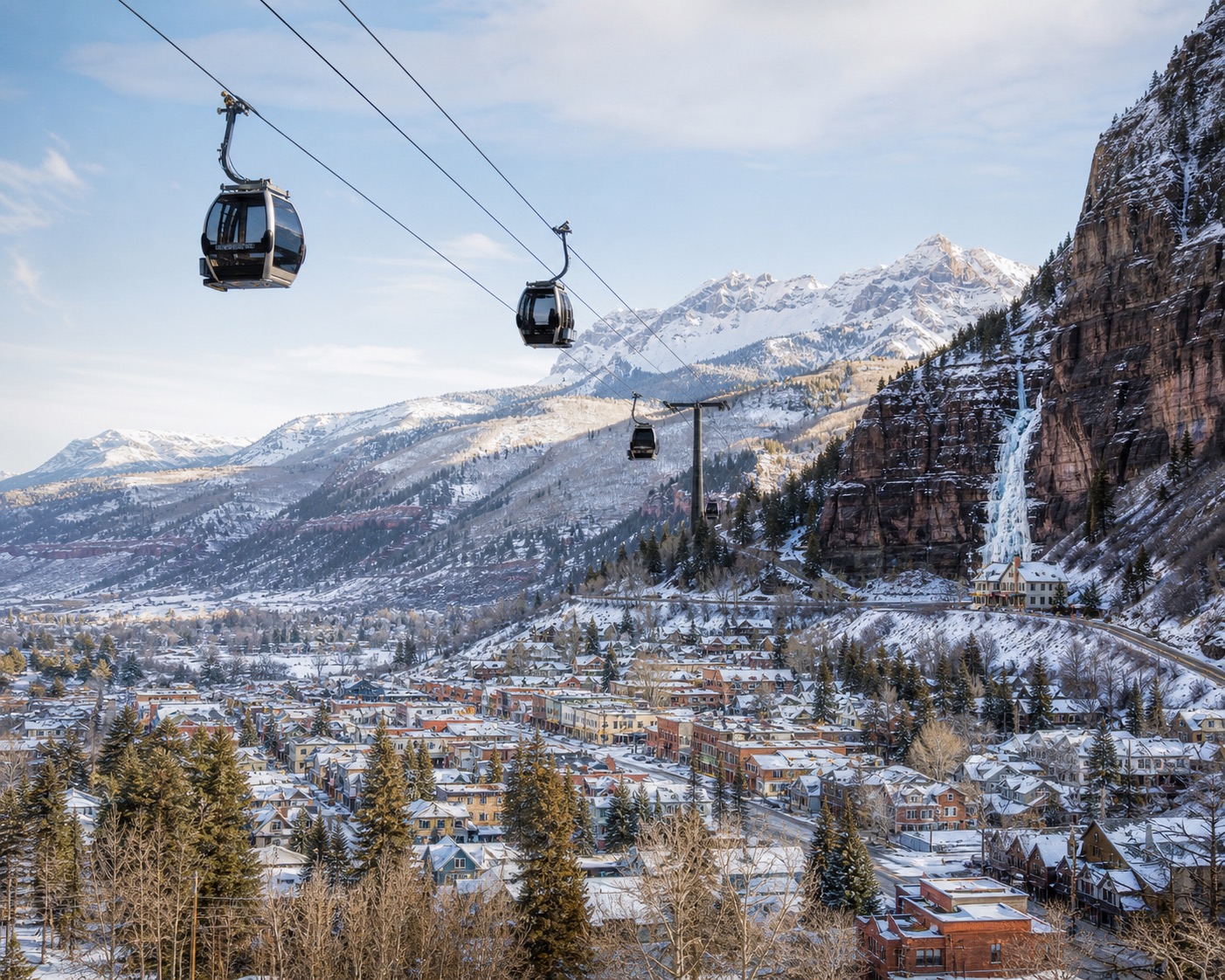 Telluride gondolas above its box-canyon town and frozen Bridal Veil Falls