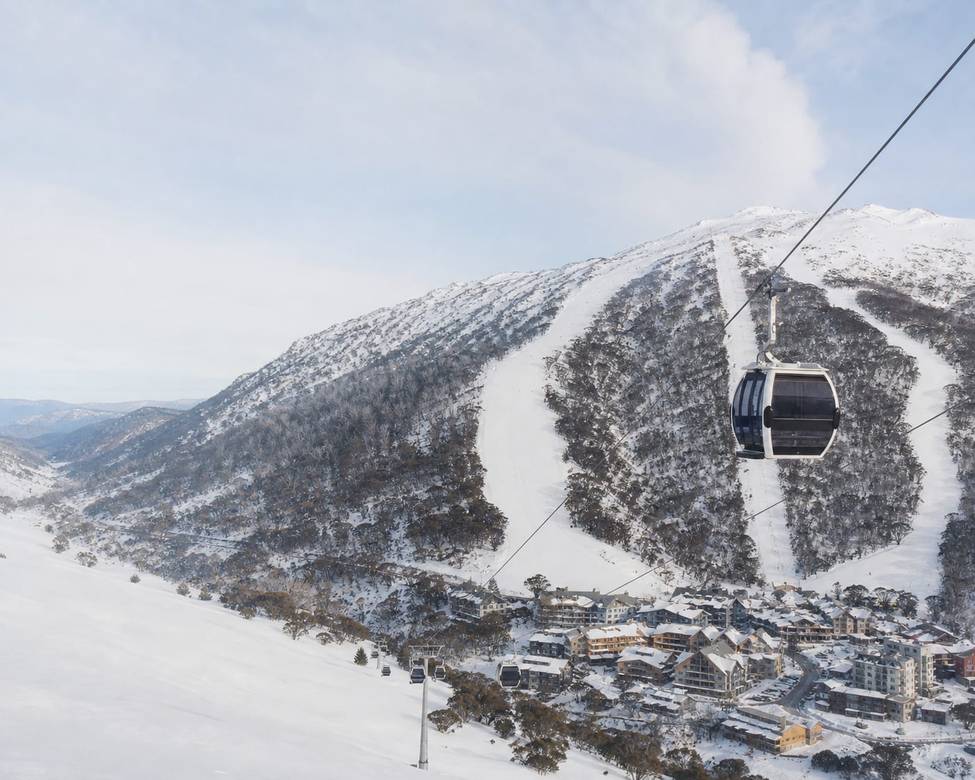 Thredbo gondola above its alpine village and the Mount Kosciuszko slopes