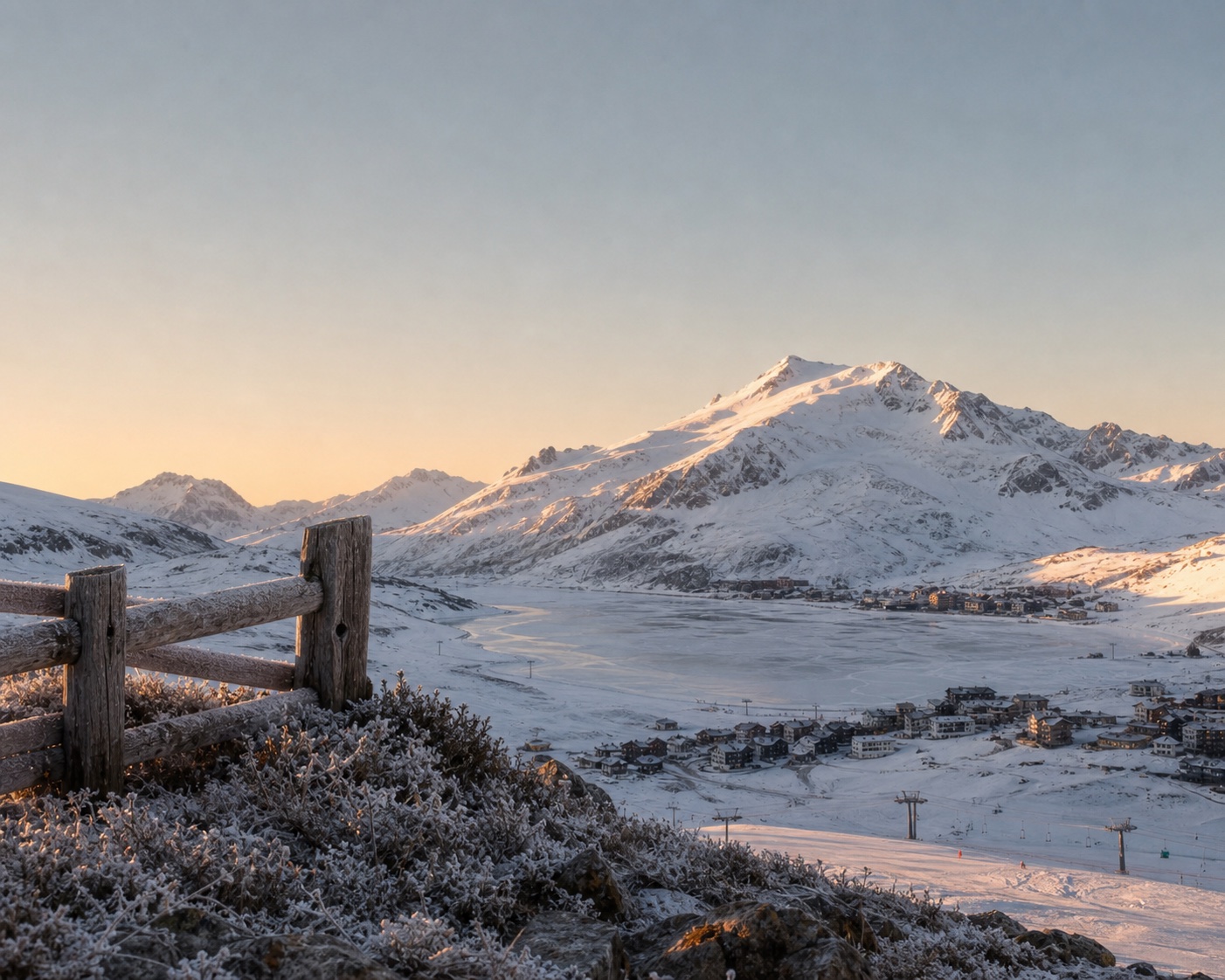 The frozen Lac de Tignes and Grande Motte glacier in late-afternoon winter light