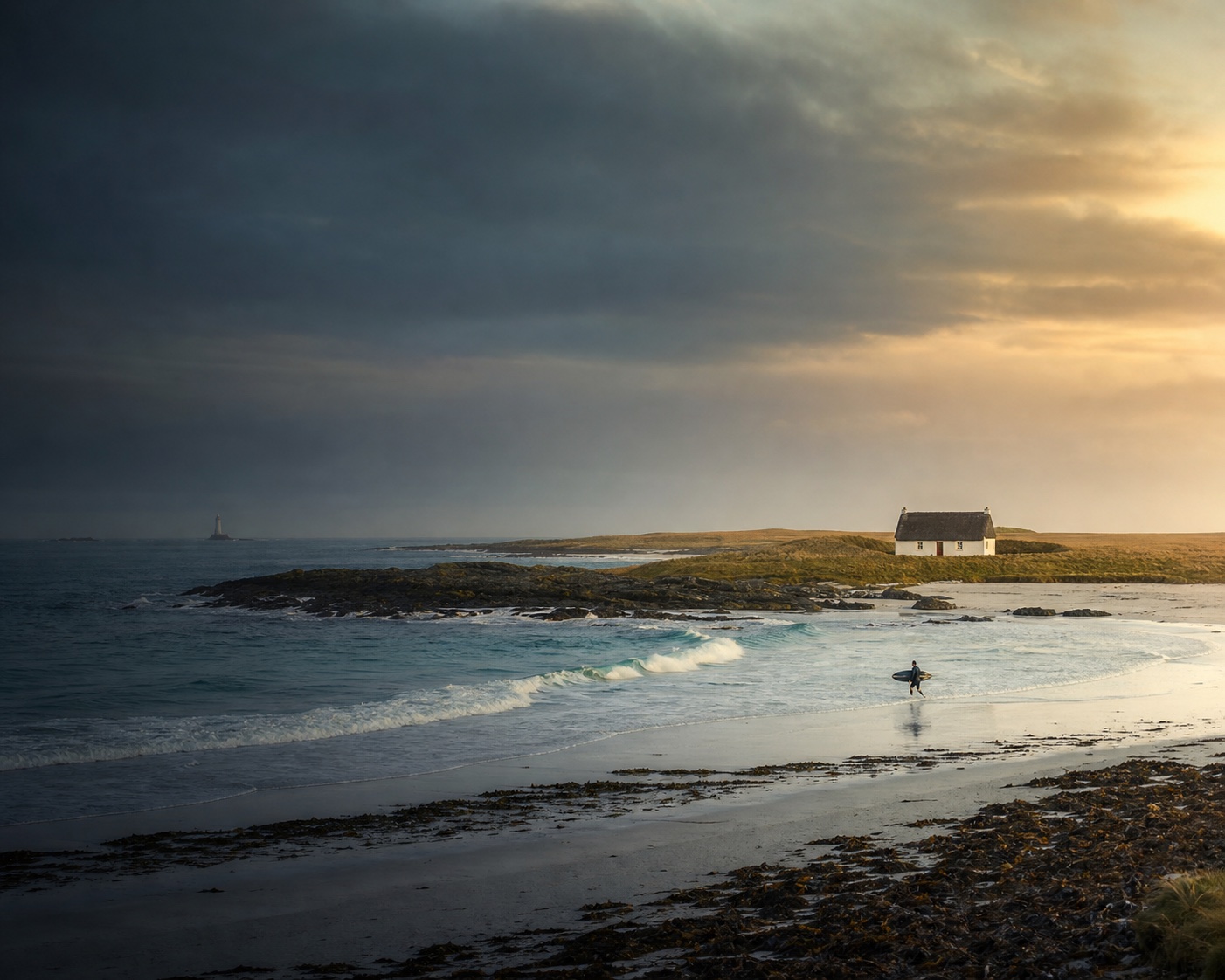 Tiree surf, flat machair and a whitewashed blackhouse at Atlantic dawn