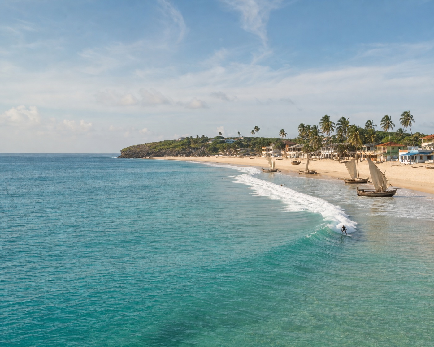Tofo surf, traditional dhows and palms beside its headland