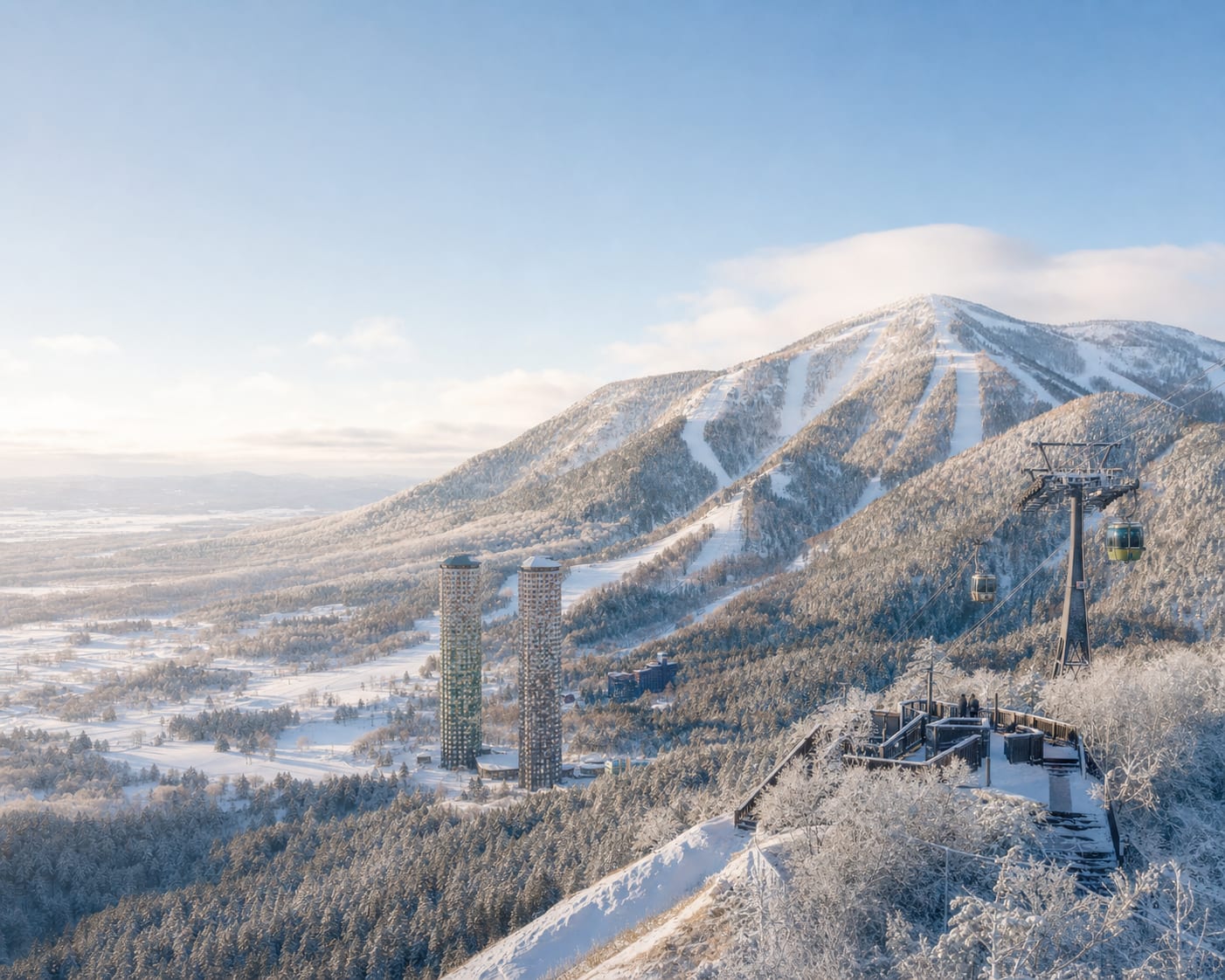 Tomamu's twin towers and gondola beneath its snowy forested mountain