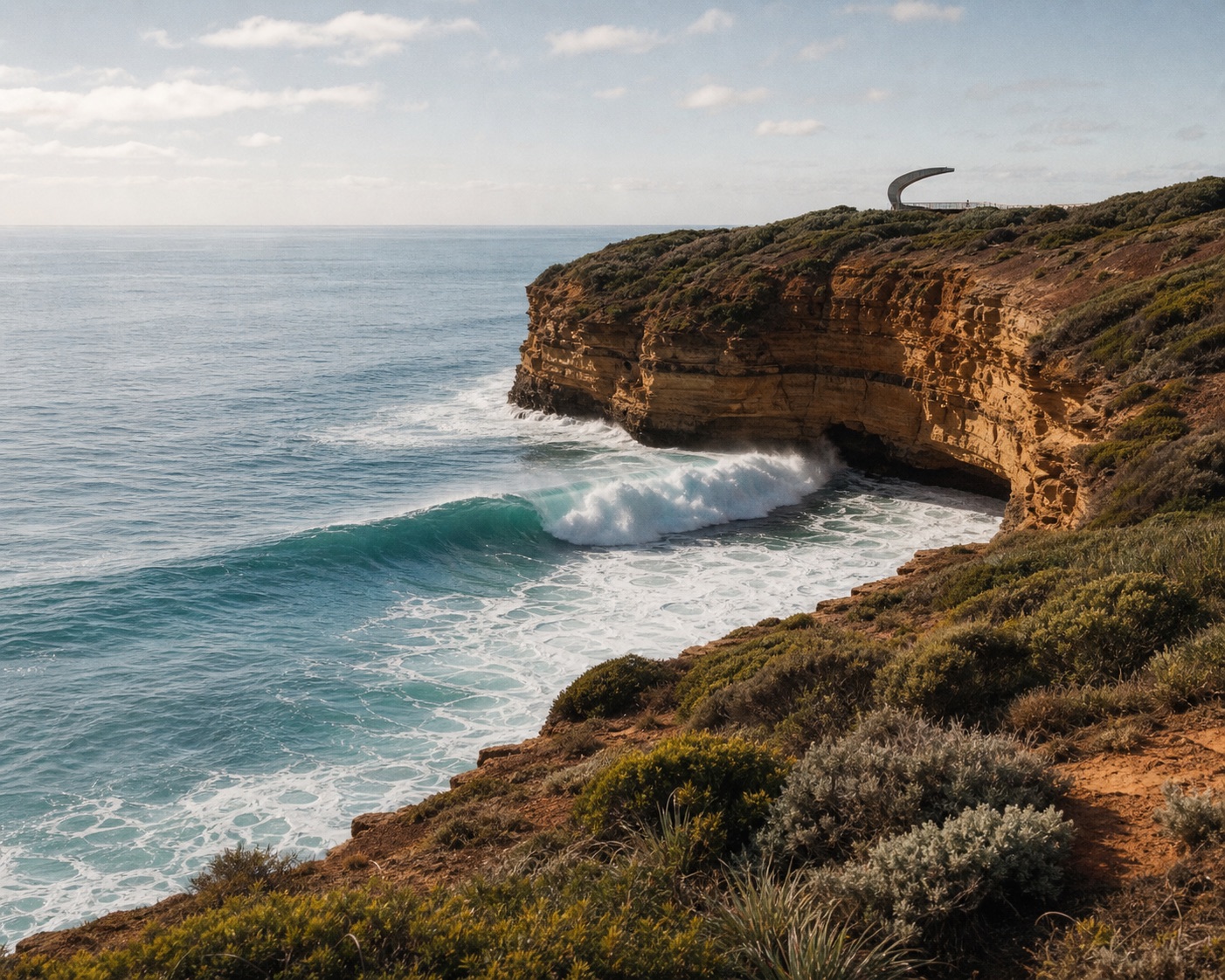 Bells Beach surf beneath Torquay's ochre amphitheatre cliffs