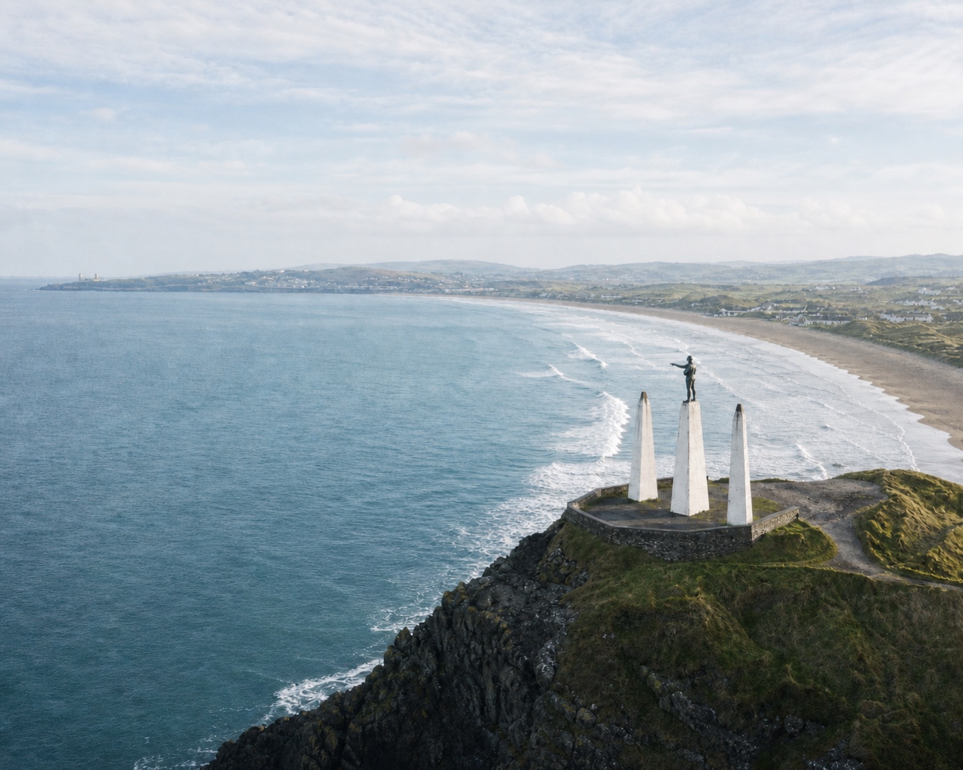 Tramore Bay beneath the three pillars and iconic Metal Man