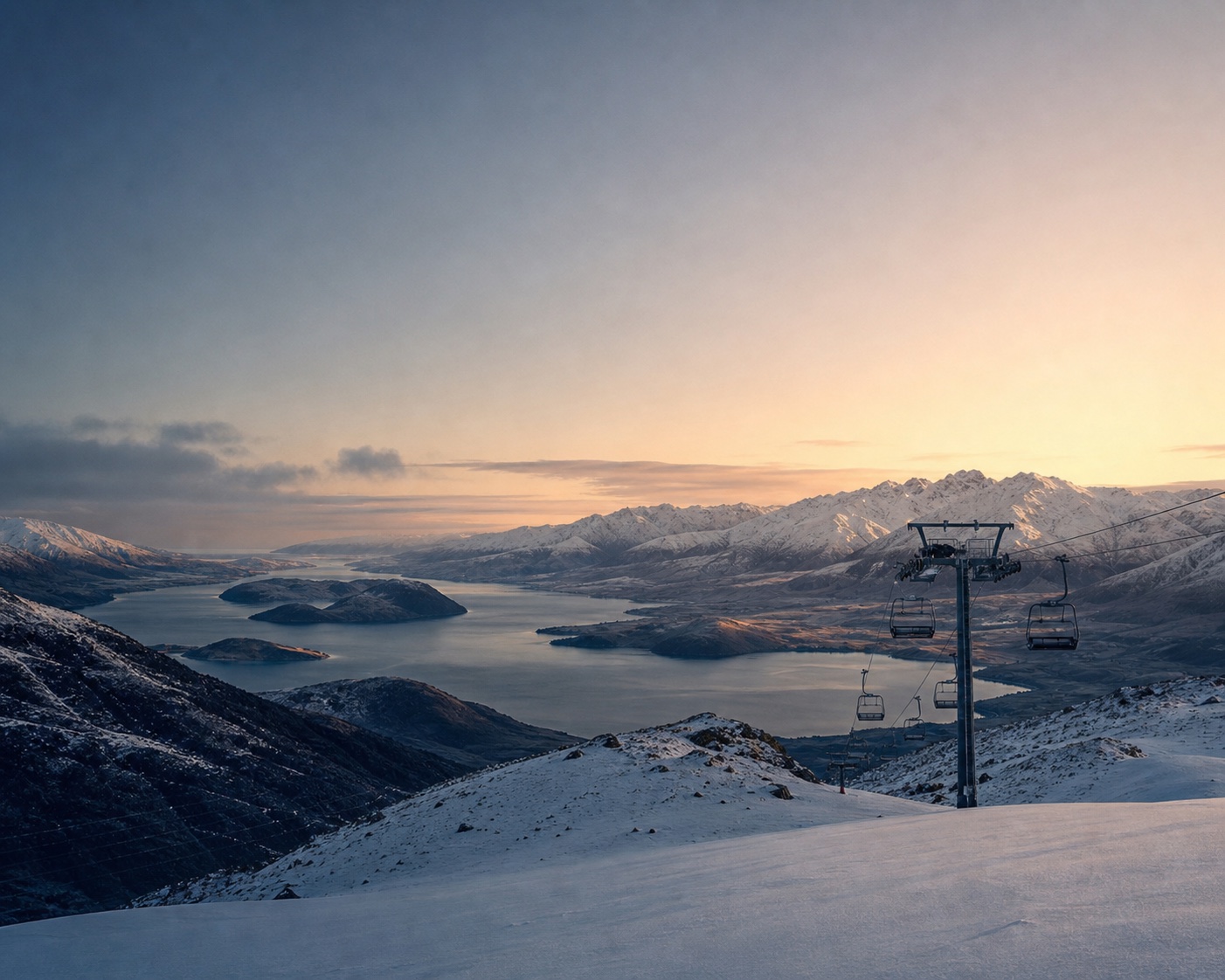 A Treble Cone chairlift overlooking Lake Wānaka and the Southern Alps