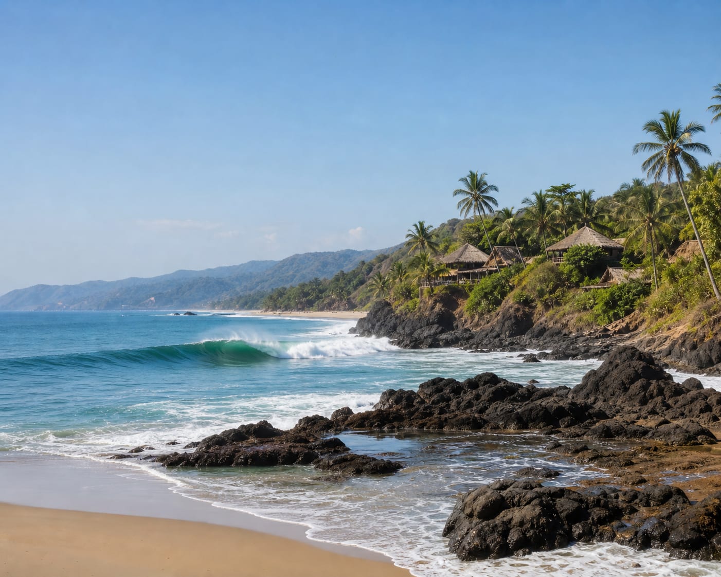 Troncones waves curling past volcanic rocks and a palm-lined headland