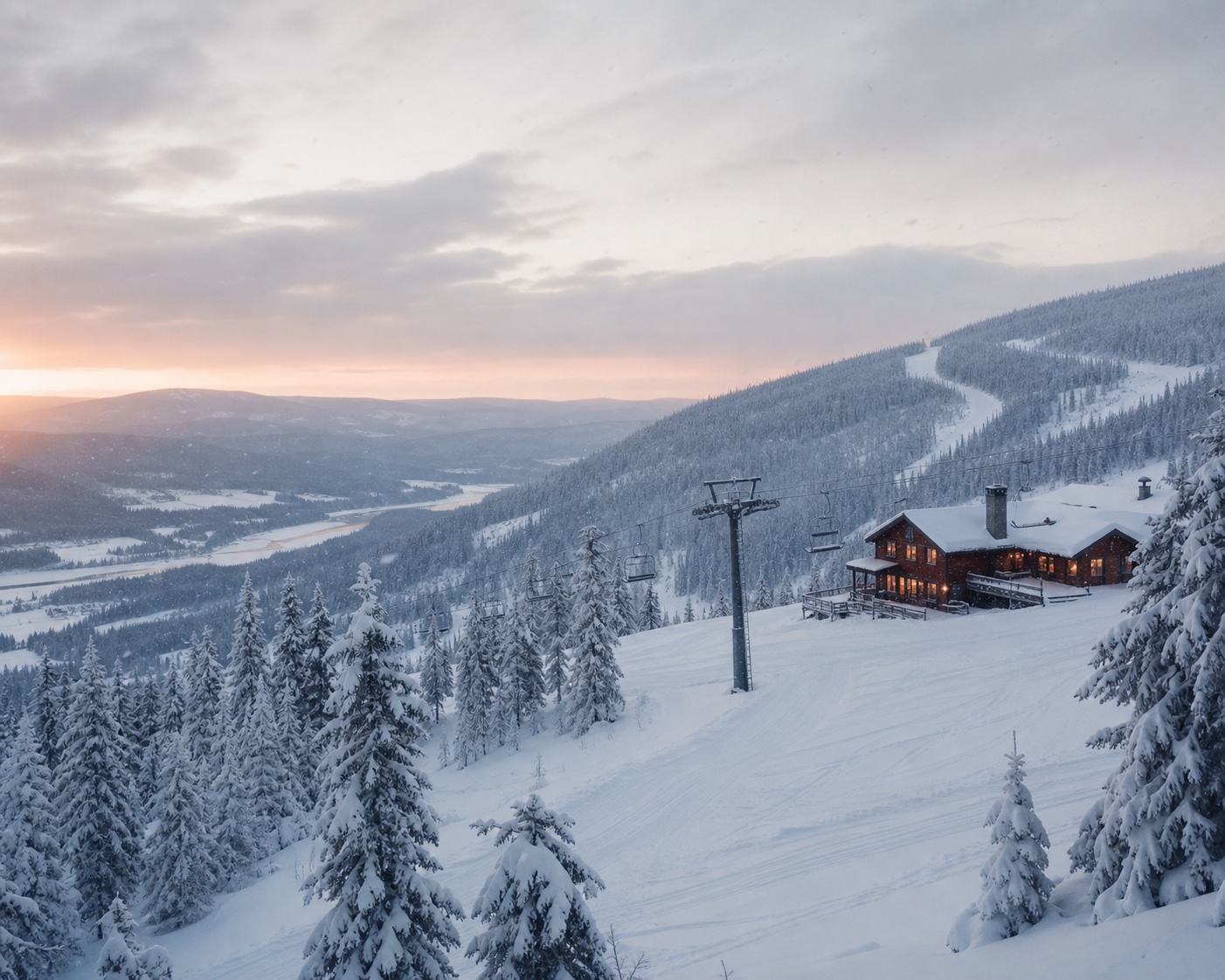 Skihytta lodge and a chairlift among the snowy spruce forests of Trysilfjellet