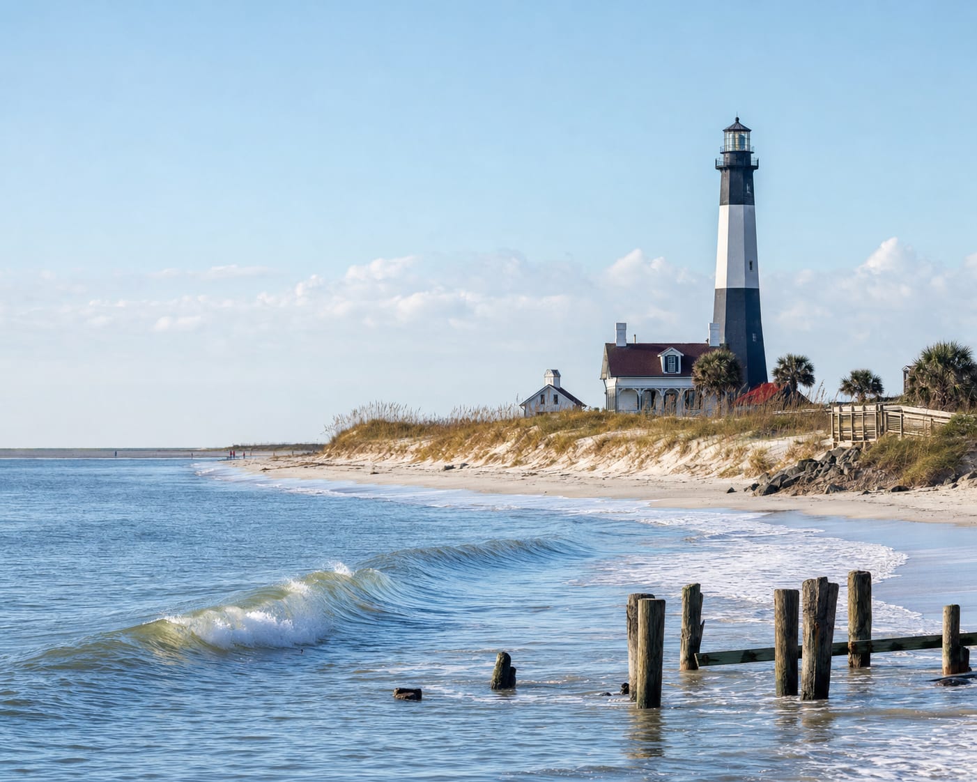 Tybee Island surf below its black-and-white lighthouse and coastal dunes
