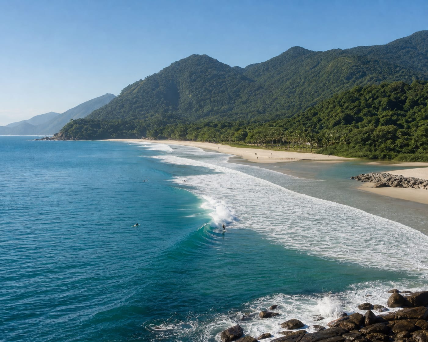 Itamambuca surf and river mouth beneath Ubatuba's Serra do Mar forest