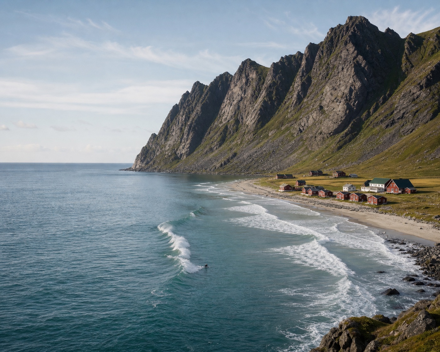 Unstad surf and red cabins beneath Lofoten's jagged mountains