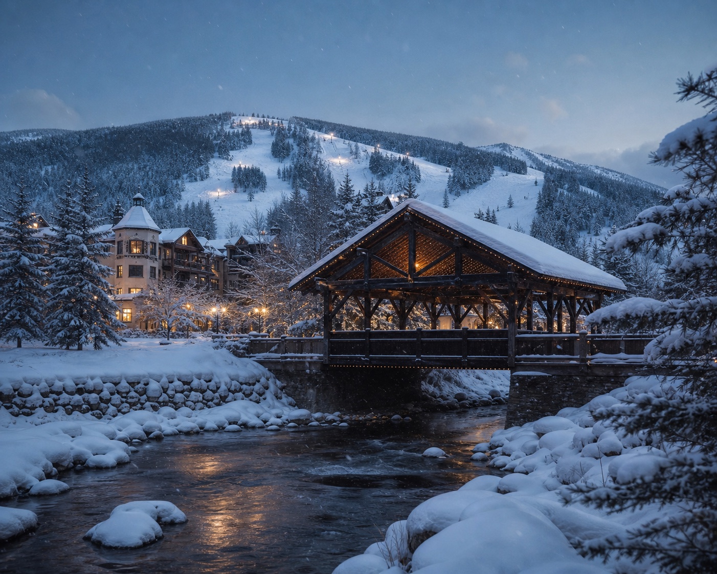 Vail's wooden Covered Bridge crossing snowy Gore Creek at blue hour