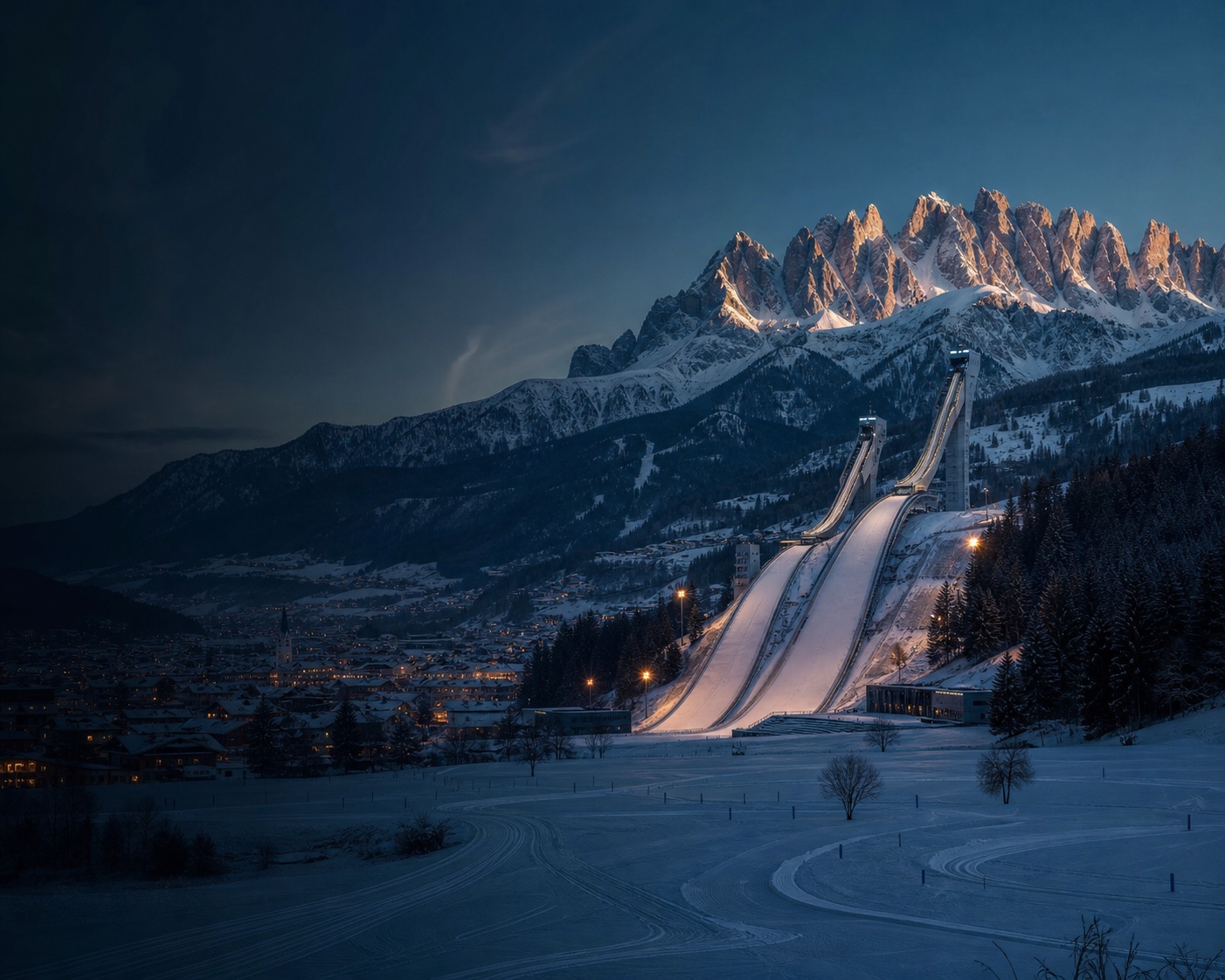 Predazzo's Olympic ski jumps beneath the Latemar in Val di Fiemme