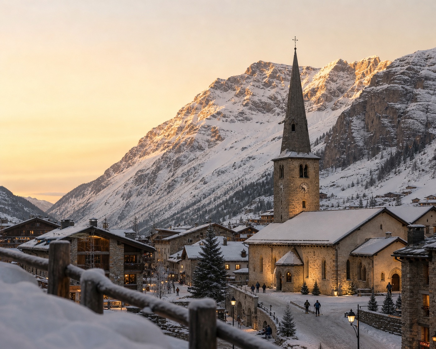 Saint Bernard de Menthon church and Val d'Isère village in winter