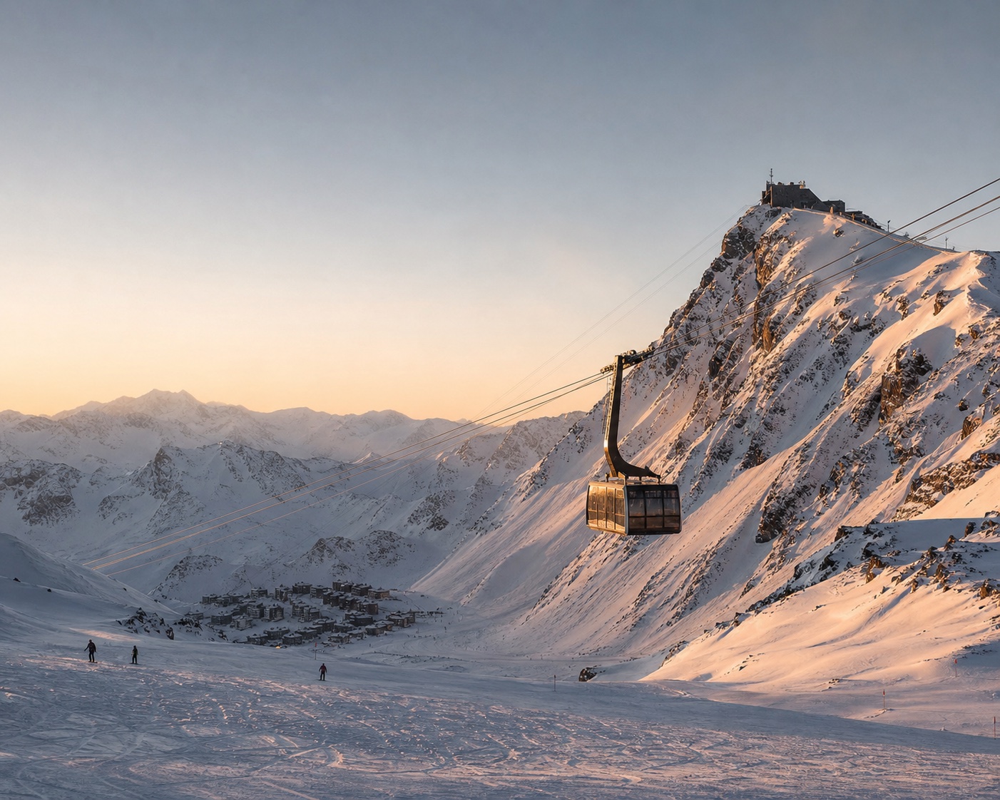 The Cime Caron cable car above the high snowy bowl of Val Thorens