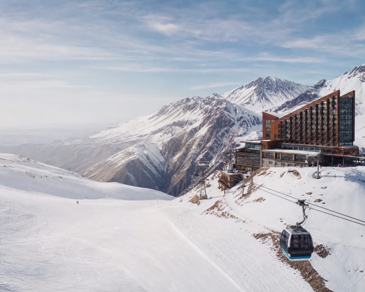 Valle Nevado gondola beside its stepped hotel complex high in the Andes