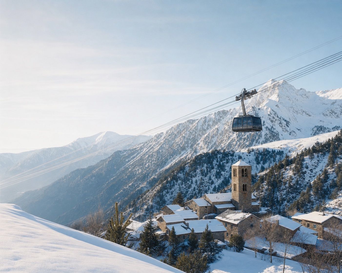 Pal Arinsal cable car above Sant Climent de Pal and Comapedrosa
