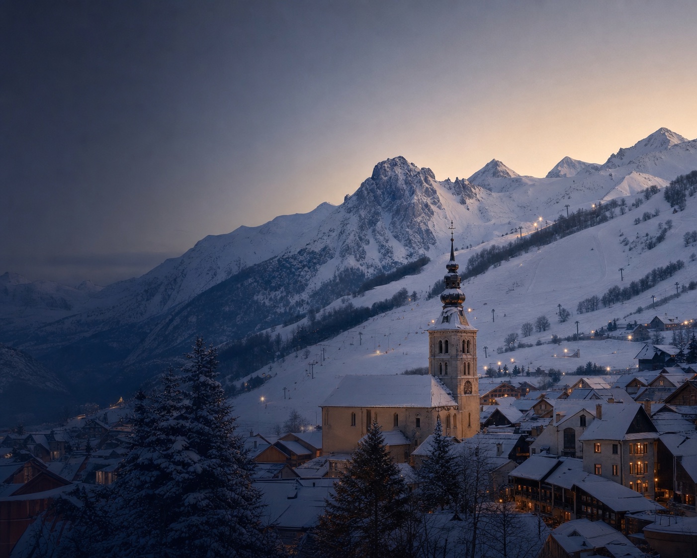 Valloire's baroque church beneath snowy ski slopes and Galibier peaks